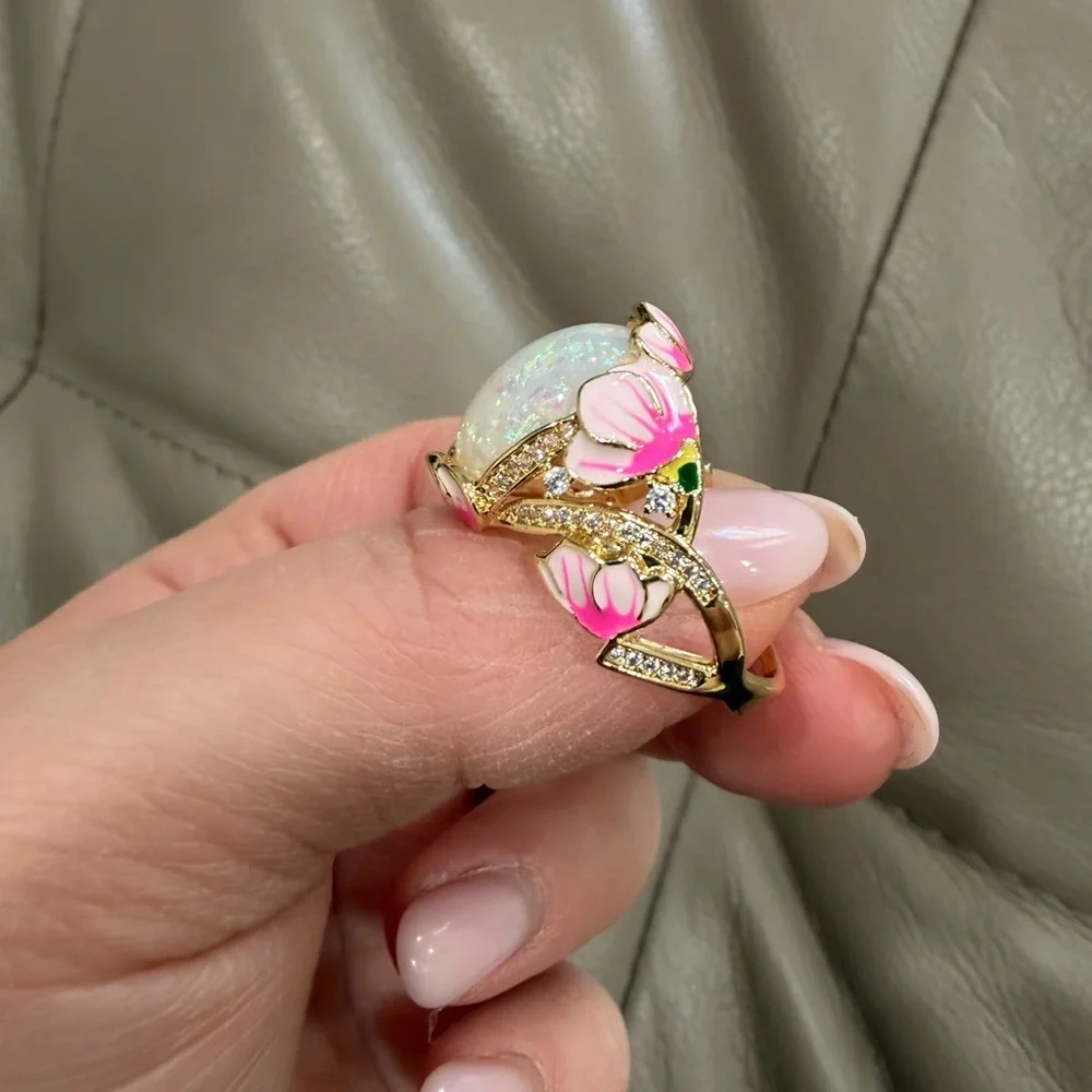 Floral Opal Statement Ring – Gold Tone Pink Enamel Flower Ring 9